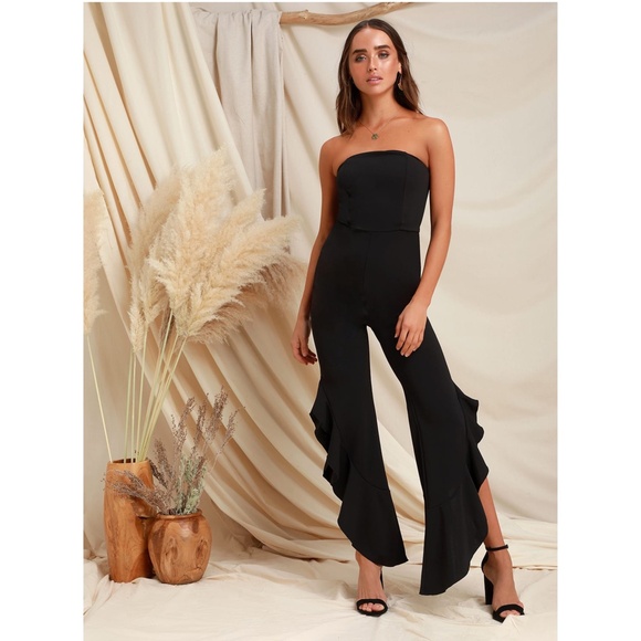 Lulus After Midnight Strapless Ruffle Leg Jumpsuit Black Small - Picture 1 of 13